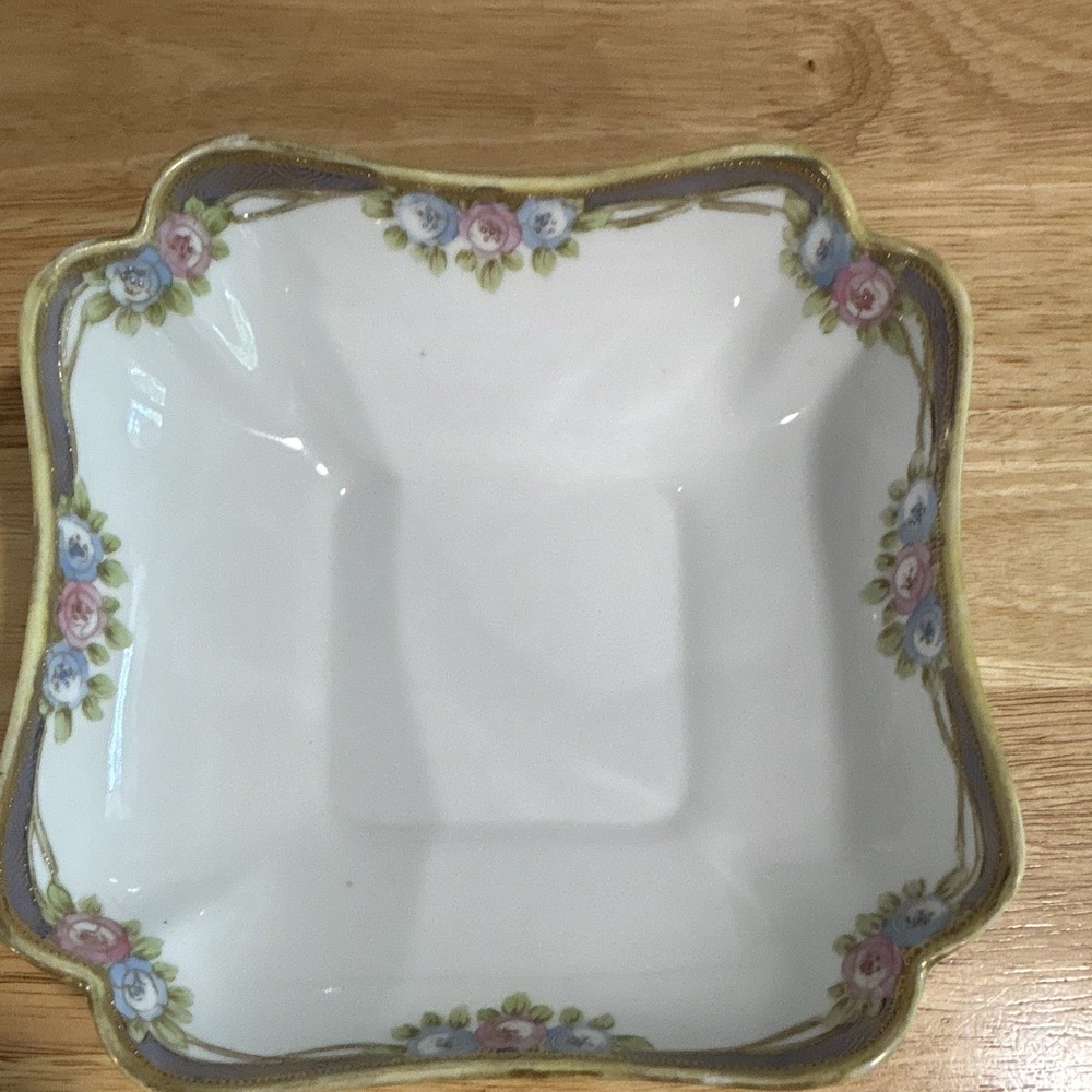 Nippon Hand Painted Floral Porcelain Square Bowl White Gold Trim